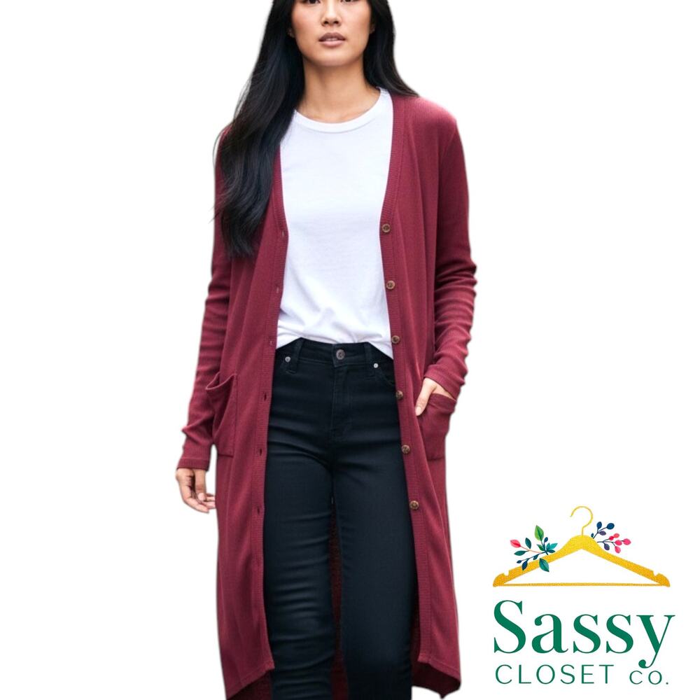 Burgundy Ribbed Longline Button Front Cardigan Sweater L NWOT Pockets Wine